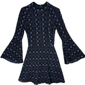 Just‎ Drew Blue Mesh Mock Neck Flare Sleeve Mini Dress Size 0 Boho 70s Geometric